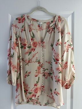 Joie Cream Blouse with Coral Floral Print